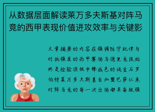从数据层面解读莱万多夫斯基对阵马竞的西甲表现价值进攻效率与关键影响