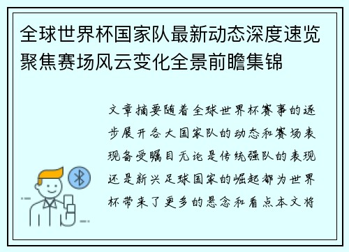 全球世界杯国家队最新动态深度速览聚焦赛场风云变化全景前瞻集锦